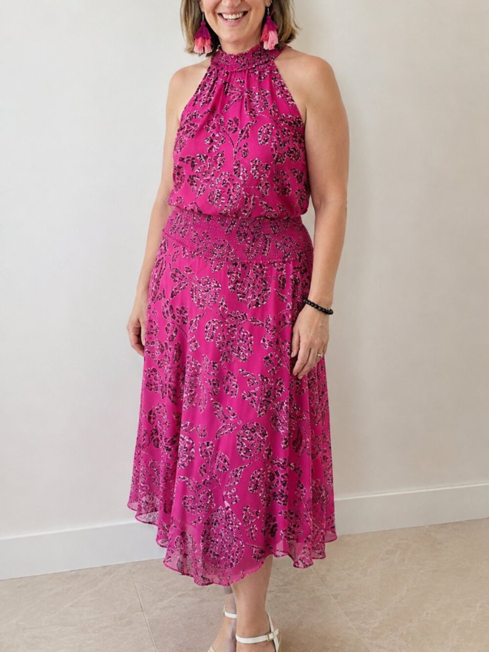 White House Black Market Sleeveless Floral Burnout Smocked-Neck Midi Dress